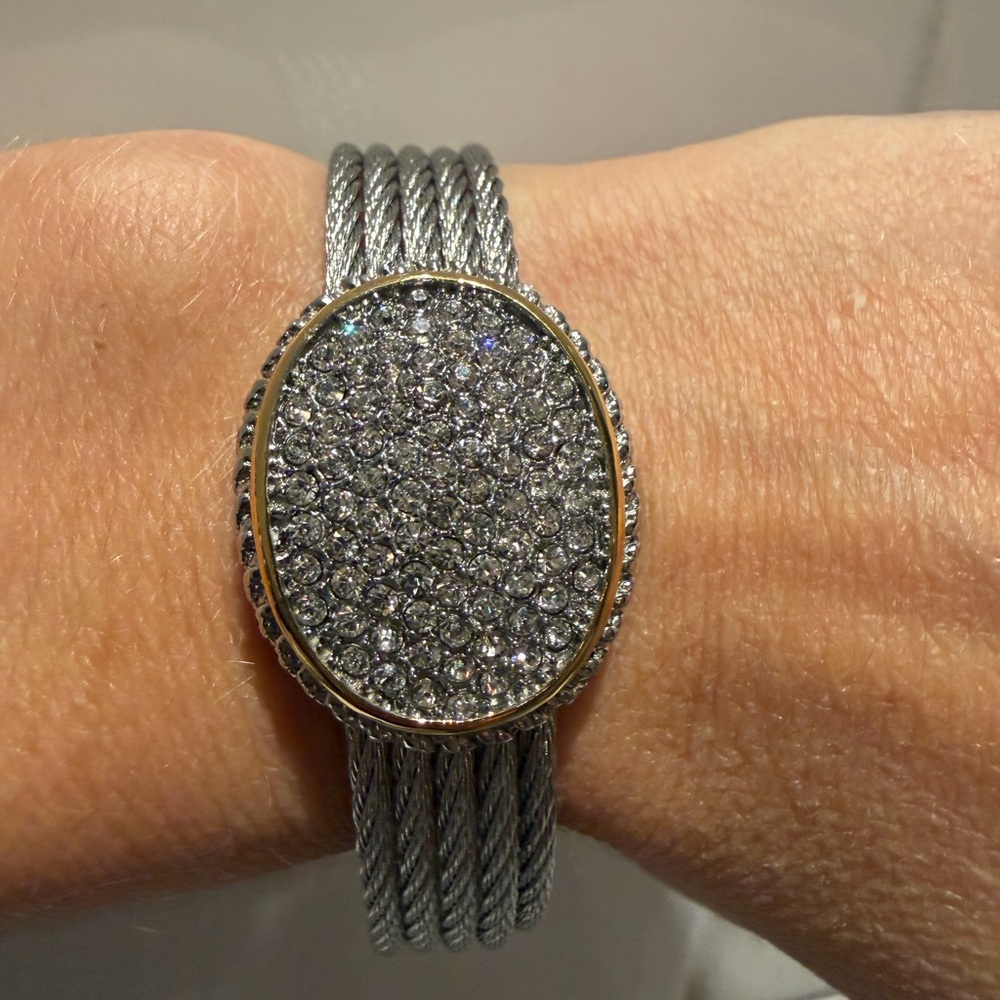 QVC Silver Sparkle Pave Oval Cable Bracelet with Gold Accents & Open Cuff NWT